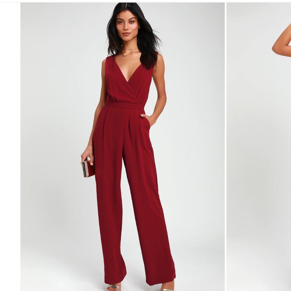 Kiska Burgundy Lace Wide-Leg Jumpsuit, Size Small